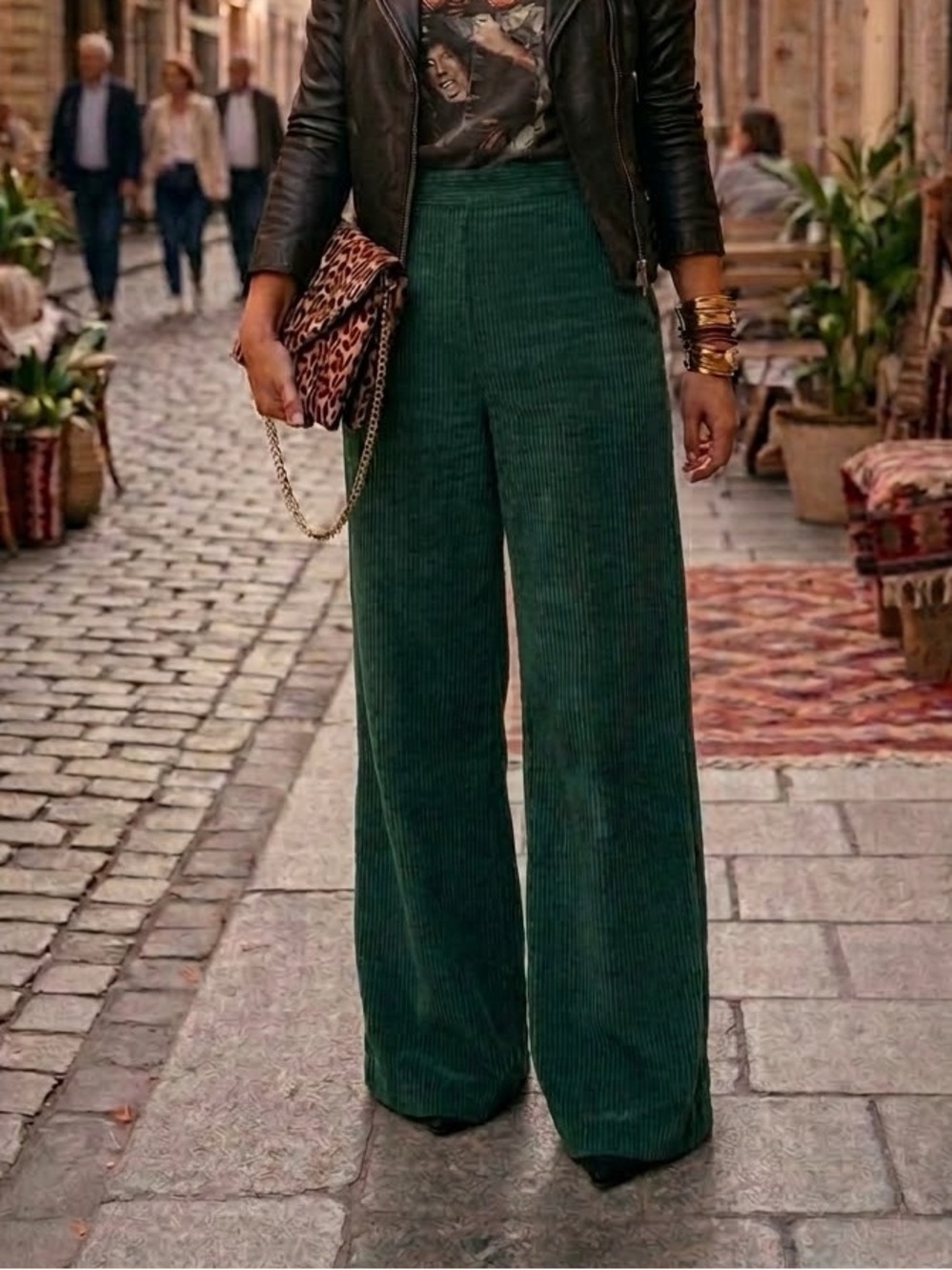 DIVIDED H&M Emerald Green Corduroy Wide Leg Pants High Waist Size 4 (33" Inseam)